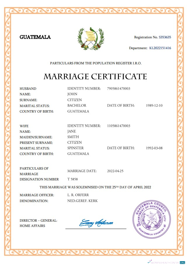 Download Guatemala marriage certificate Word and PDF template Photoshop template